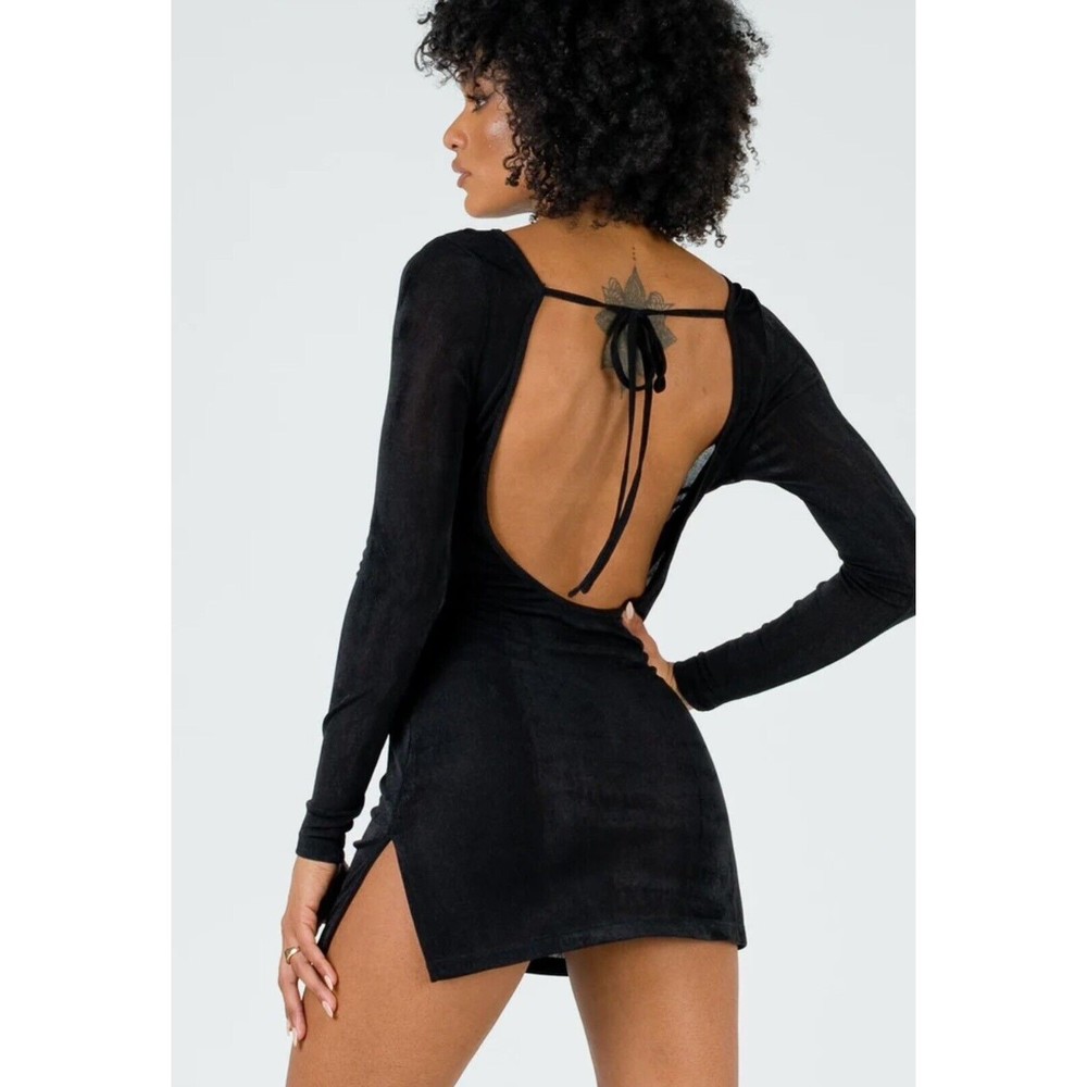 NWT Lioness Black Montana Mini Dress Size L Open Back Long Sleeve Slinky Dress